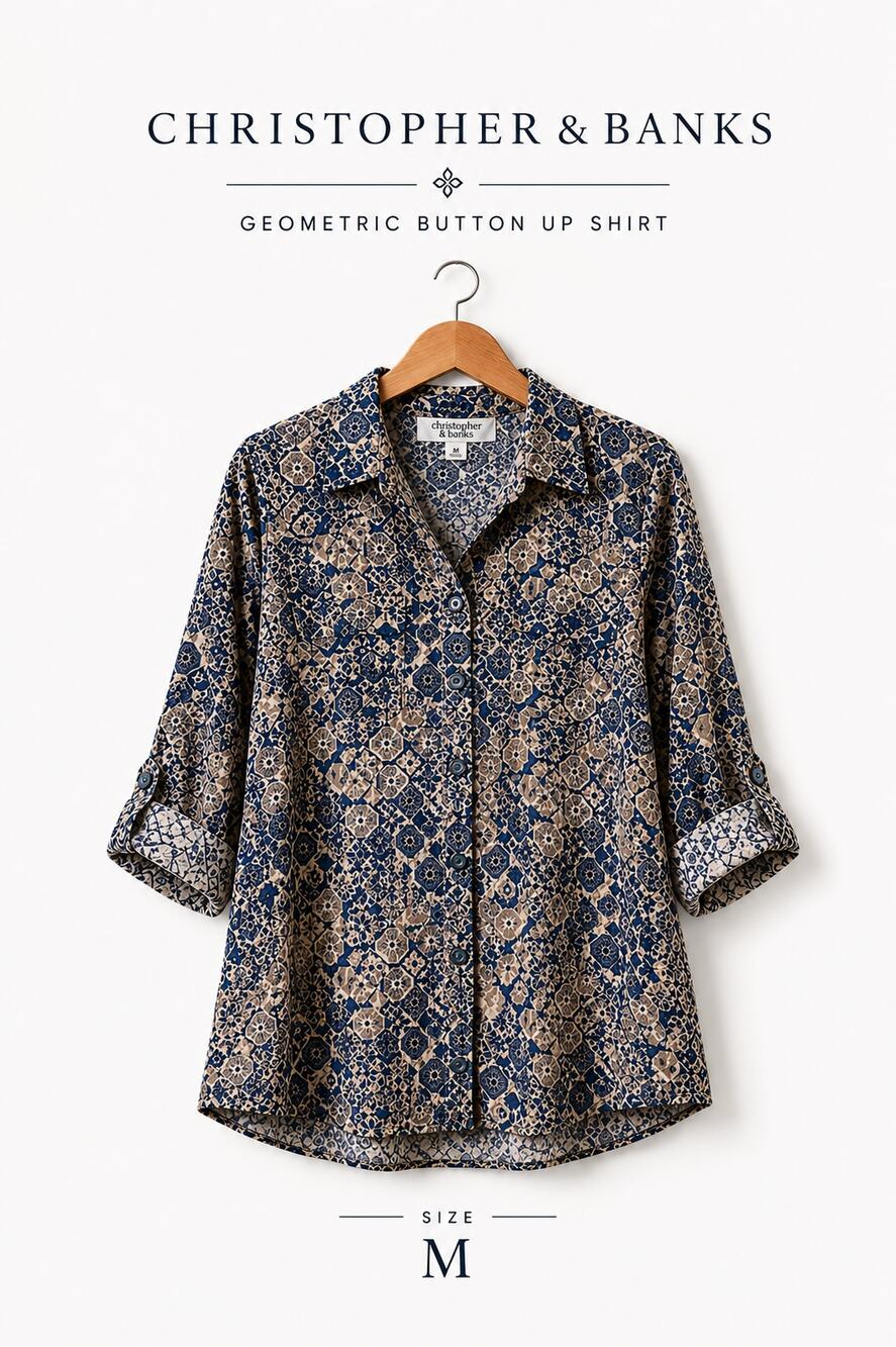 Christopher & Banks Geometric Button Up Shirt Blue Beige 3/4 Sleeve Medium